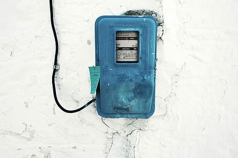 blue corded electronic appliance mounted on white painted wall, blue fusebox HD wallpaper