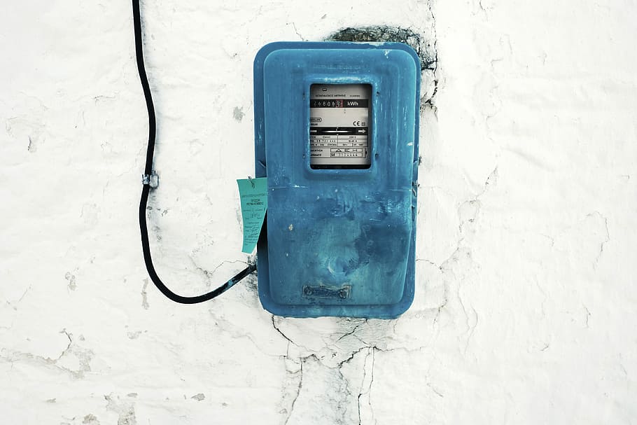 blue corded electronic appliance mounted on white painted wall, blue fusebox HD wallpaper