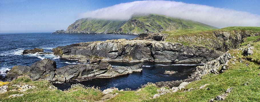shetland isles, scotland, panorama, coastal, sea, rocky, coastline, HD wallpaper