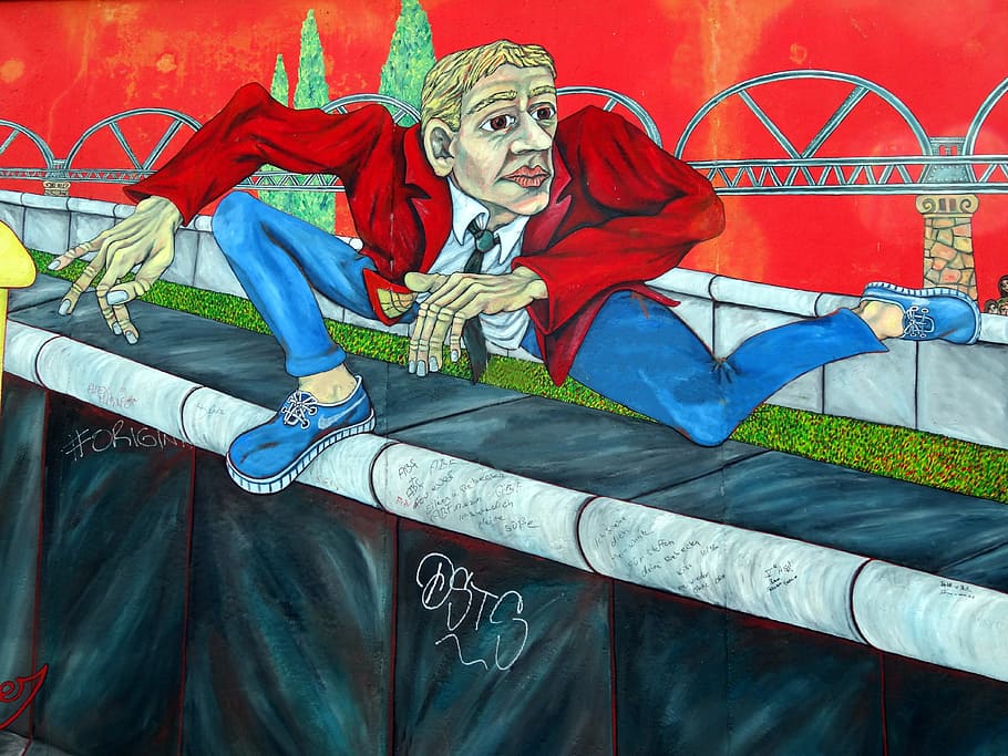man jumping on handrails, graffiti, wall, berlin, escapee, berlin wall HD wallpaper