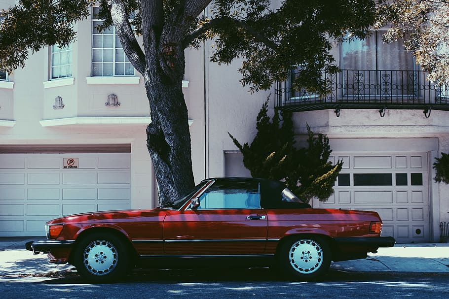 red Mercedes-Benz SLC 45 parked beside tree, red coupe parked on road near tree HD wallpaper