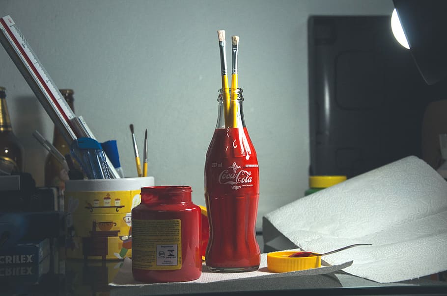 red Coca-Cola glass bottle with paint brushes, Coca-Cola bottle organizer HD wallpaper