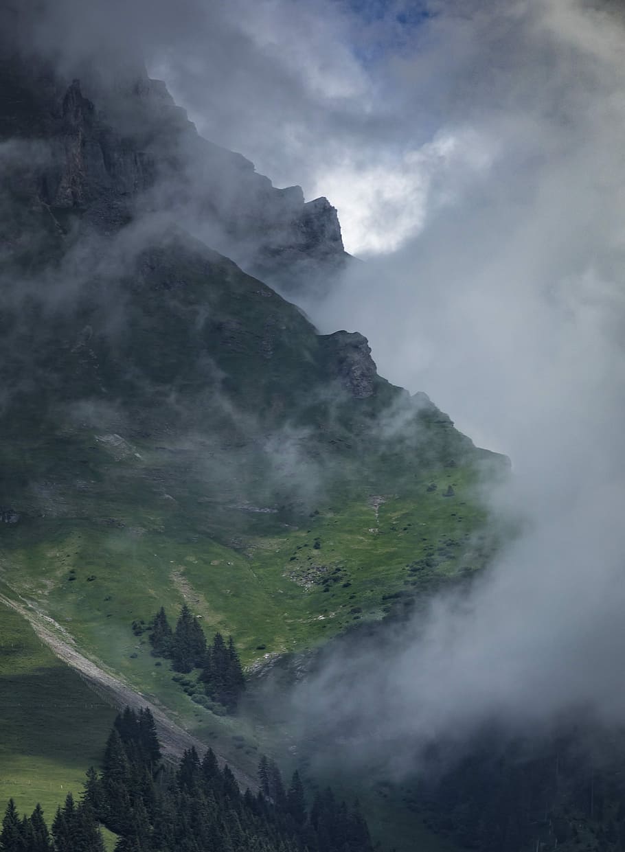 green mountain covered in fog, mountain with fogs aerial photography HD wallpaper