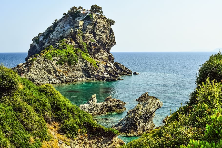 rock formation by the sea, greece, skopelos, kastri, ayios ioannis, HD wallpaper