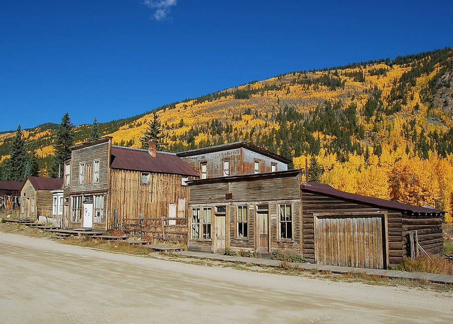 brown wooden house situated nearby mountain, st elmo, fall, colorado