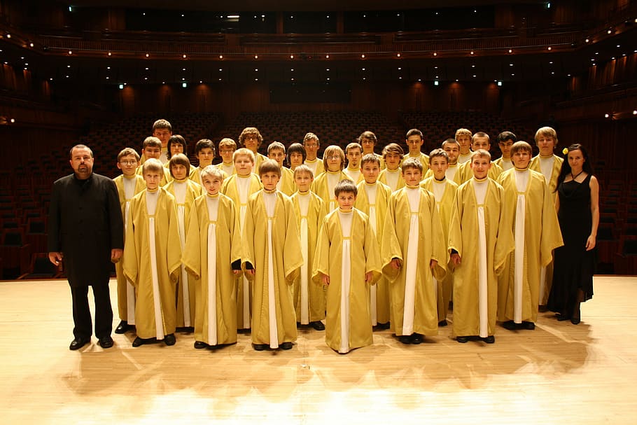group of choir performing on stage, czech republic, pueri boys choir