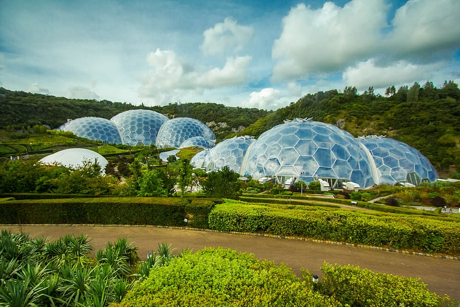 greenhouse, eden project, cornwall, sky, plant, cloud - sky