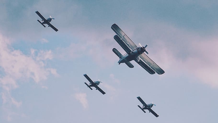 four propeller planes on mid air during daytime, four airplanes flying HD wallpaper