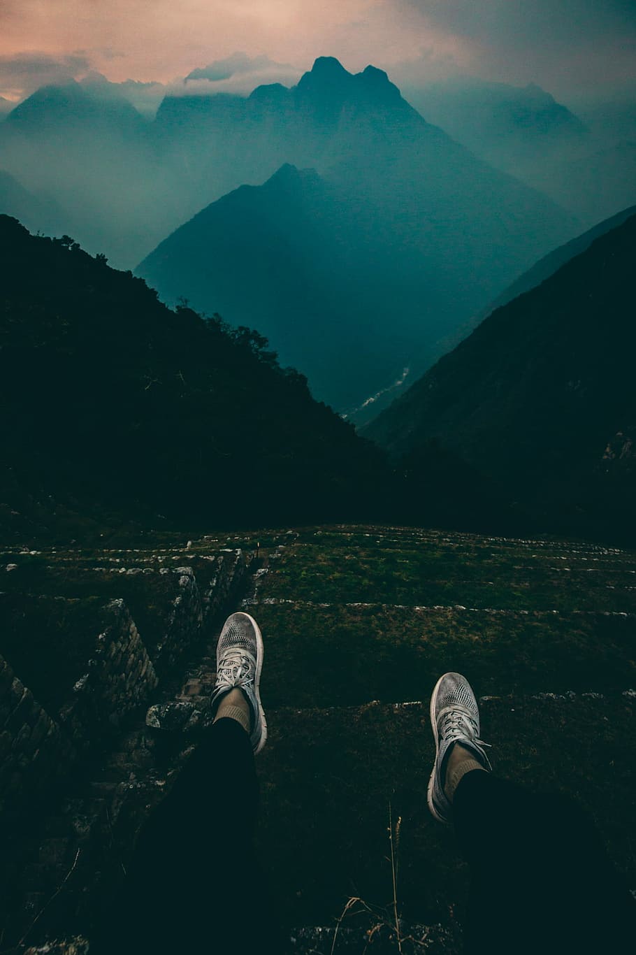 person standing on mountain peak, untitled, low section, personal perspective HD wallpaper