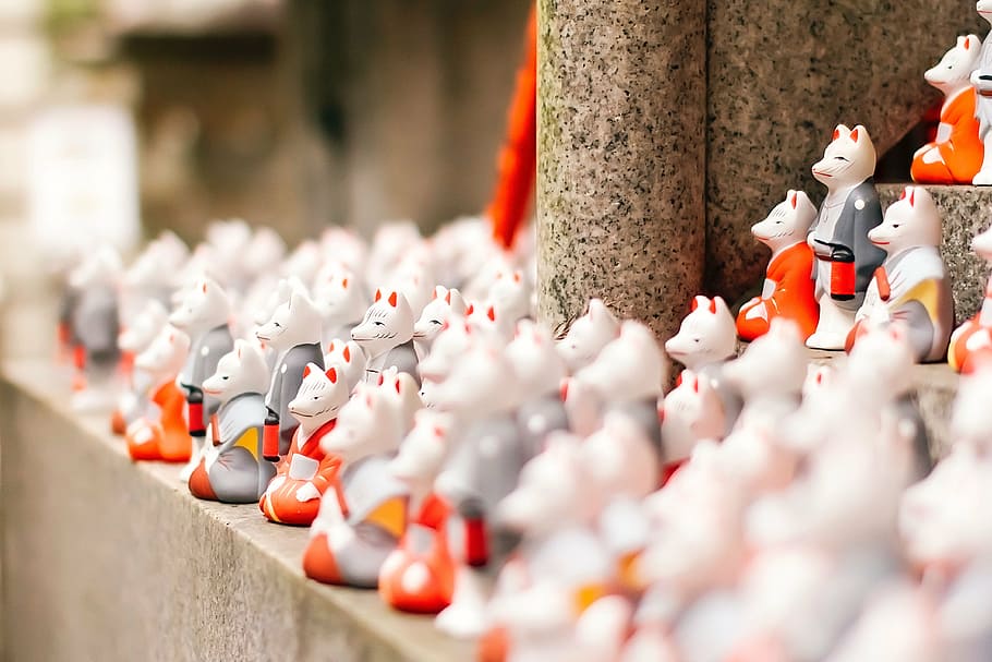 cat figurine lot on grey step, display, decor, collection, souvenir shop HD wallpaper