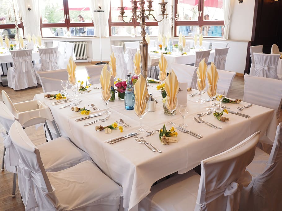 white and yellow table setup, wedding table, ballroom, hall, wedding decoration, HD wallpaper
