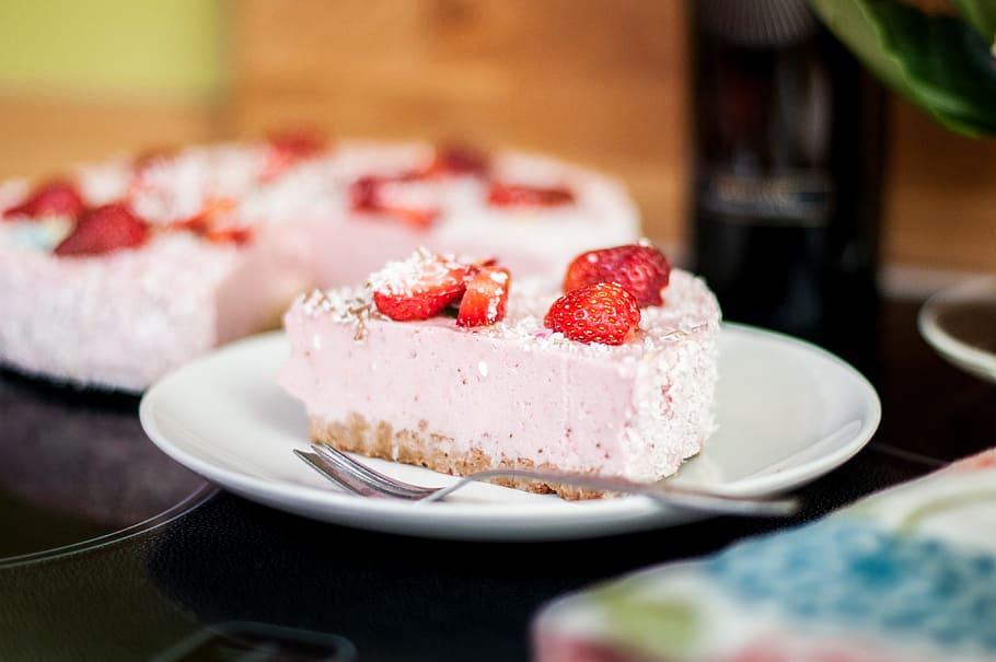 slice of strawberry cake on white dish, piece, eating, food HD wallpaper
