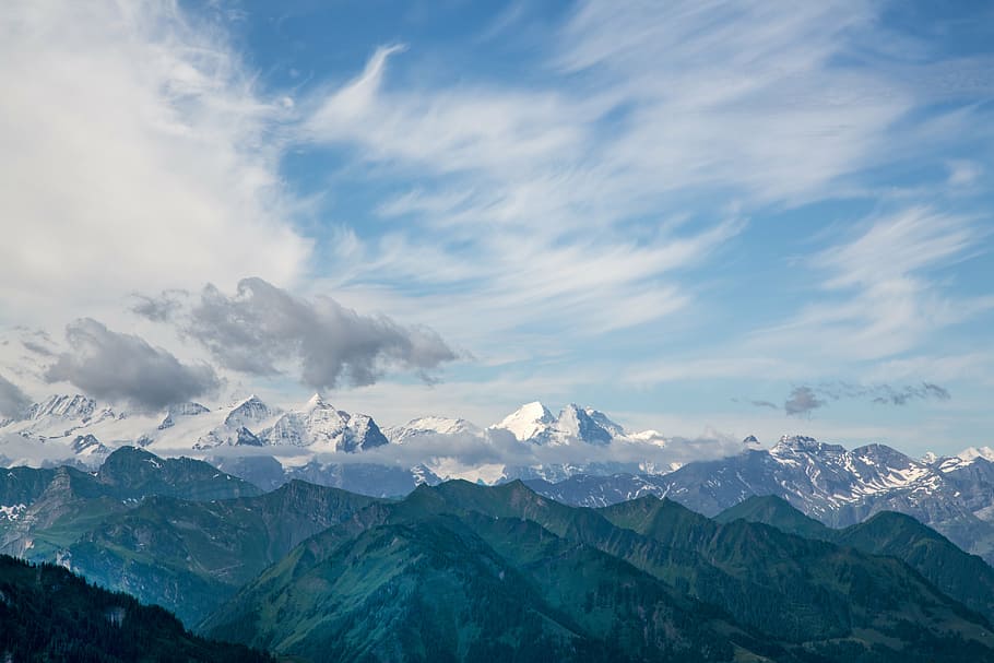 cloudy sky over mountain range, mountains, view, alpine, nature HD wallpaper