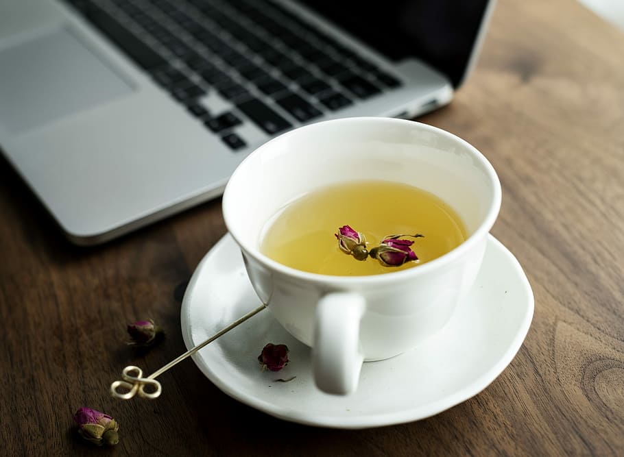 white ceramic teacup on white saucer beside MacBook Pro, drink HD wallpaper