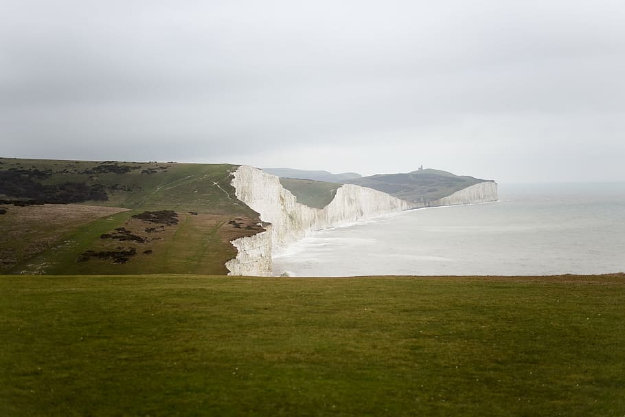 cliff, cloudy, coast, grass, nature, ocean, sea, seascape, sky HD wallpaper