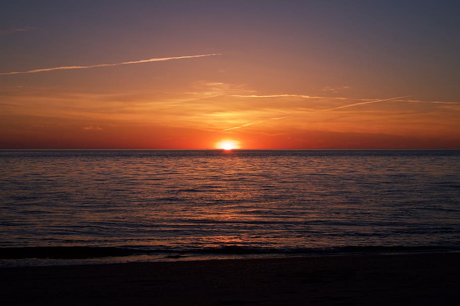 ocean, sunset, beach, sea, sky, water, horizon, horizon over water HD wallpaper