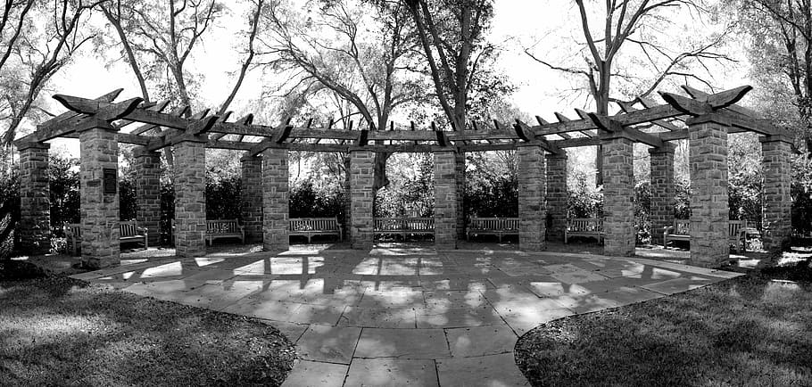 panorama, panoramic, bench, benches, park bench, columns, garden HD wallpaper