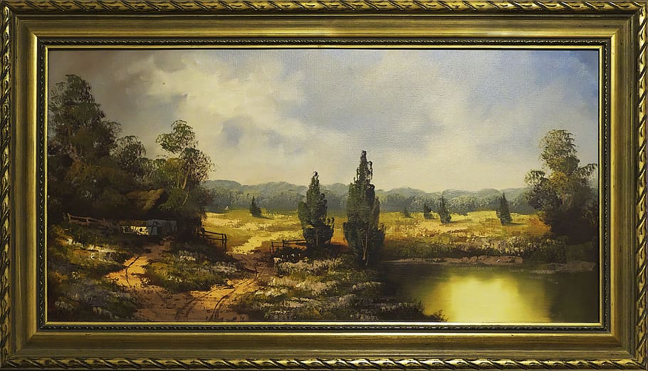 river surrounding trees paitning, painting, frame, landscape HD wallpaper
