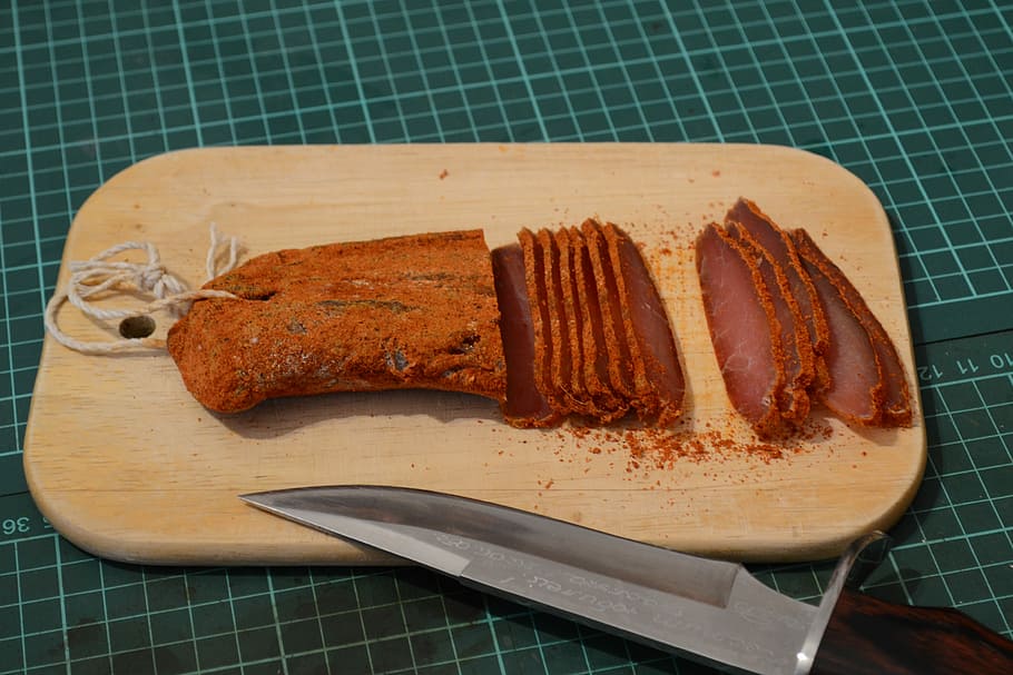 Jerky, Meze, Knife, food and drink, bread, indoors, plate, no people HD wallpaper