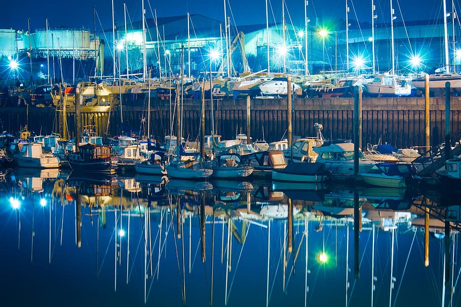 boats, reflection, night, water, sea, blue, harbor, ocean, transport HD wallpaper