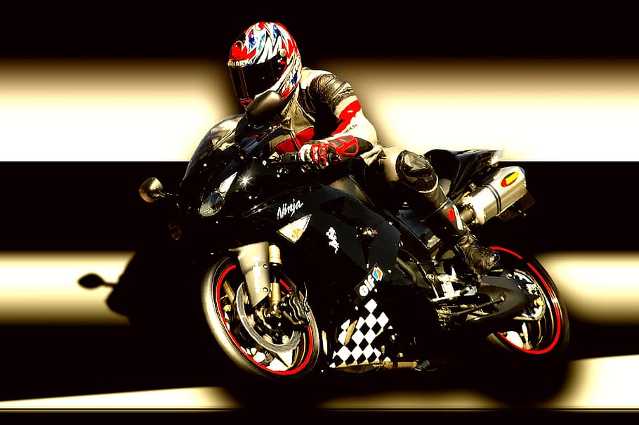 person riding black Kawasaki Ninja sports bike, motorcycle, two wheeled vehicle, HD wallpaper