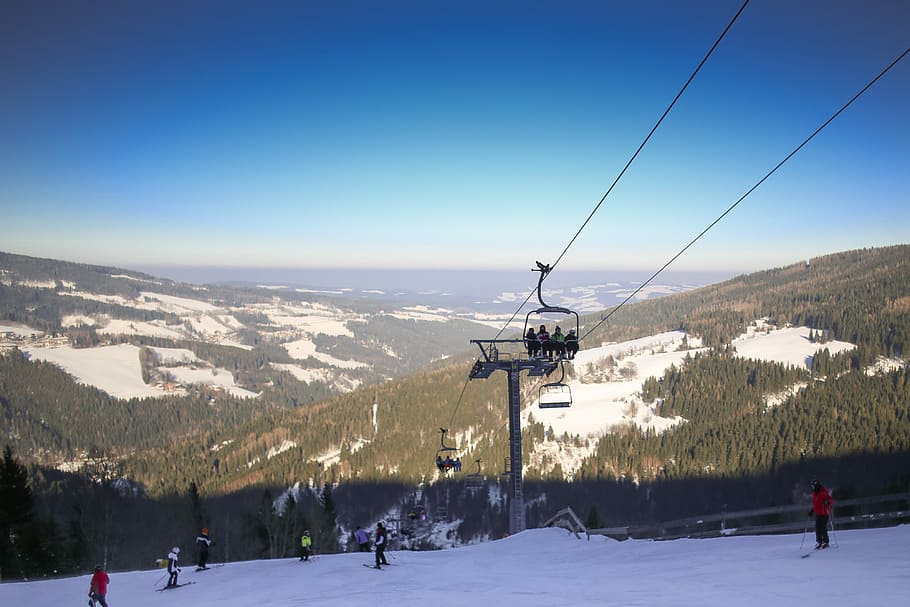 Austria Ski Lift Panorama, cold, forest, hills, mountains, nature, HD wallpaper