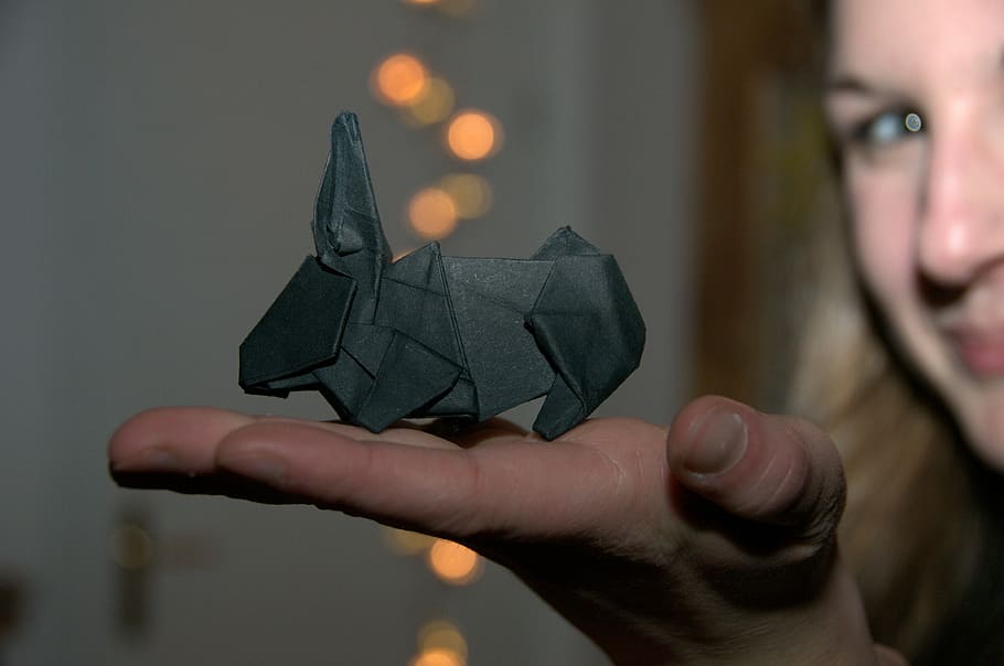 origami, rabbit, paper, fold, hand, hare, black, tinker, human hand, HD wallpaper
