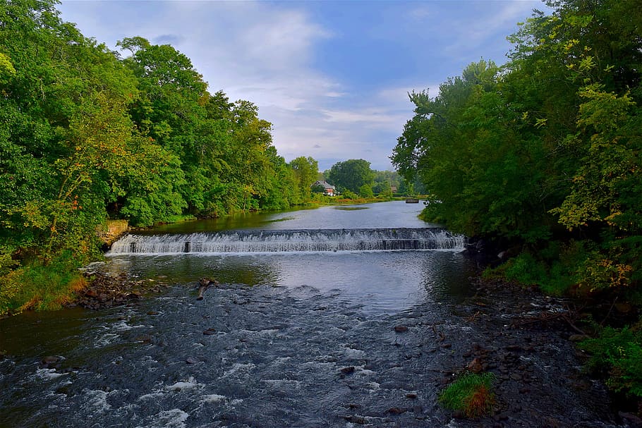 landscape photography of river and trees, waterfall, sky, clouds HD wallpaper