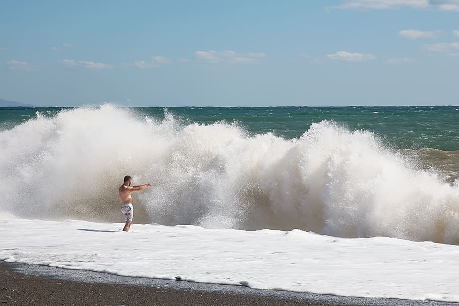 sea, storm, wave, sun, water, one person, motion, full length HD wallpaper