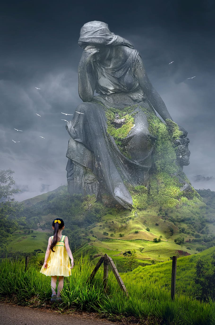girl in yellow sundress in front of a giant woamn statue, fantasy