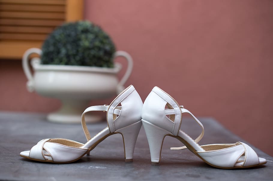 Wedding, White, Shoes, pair, indoors, no people, close-up, day HD wallpaper