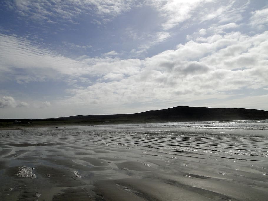 sand beach, clouded sky, ebb, loneliness, water, nature, coast HD wallpaper