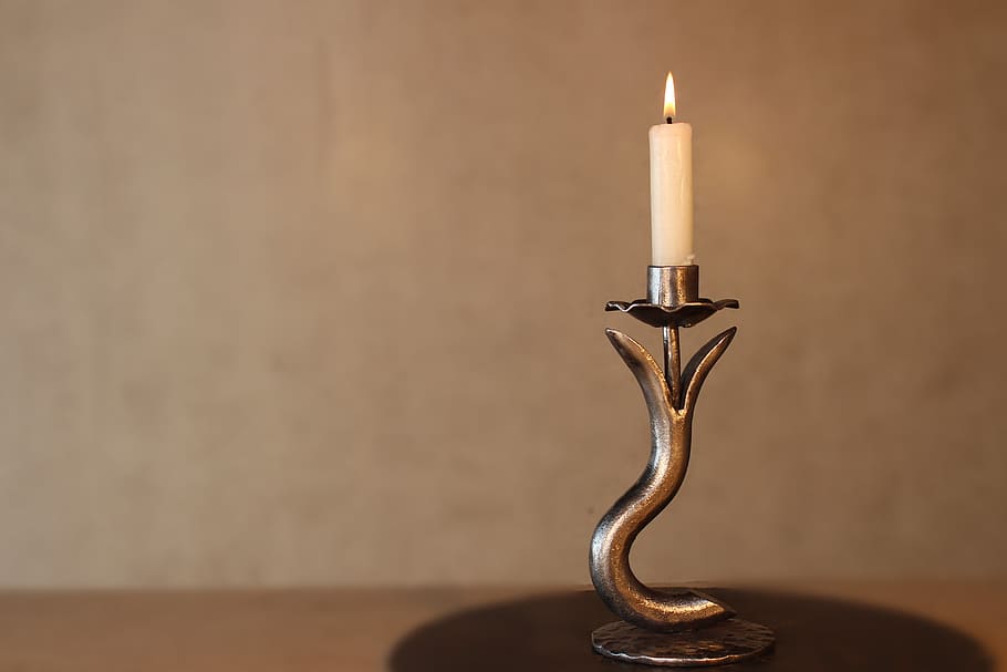 candlestick, metal, forging, pattern, indoors, flame, burning HD wallpaper