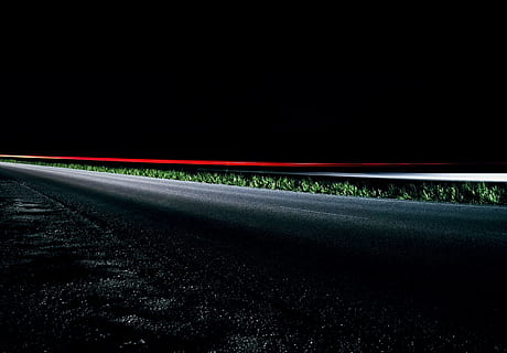 black concrete road, asphalt road, night, car, light, roadside HD wallpaper