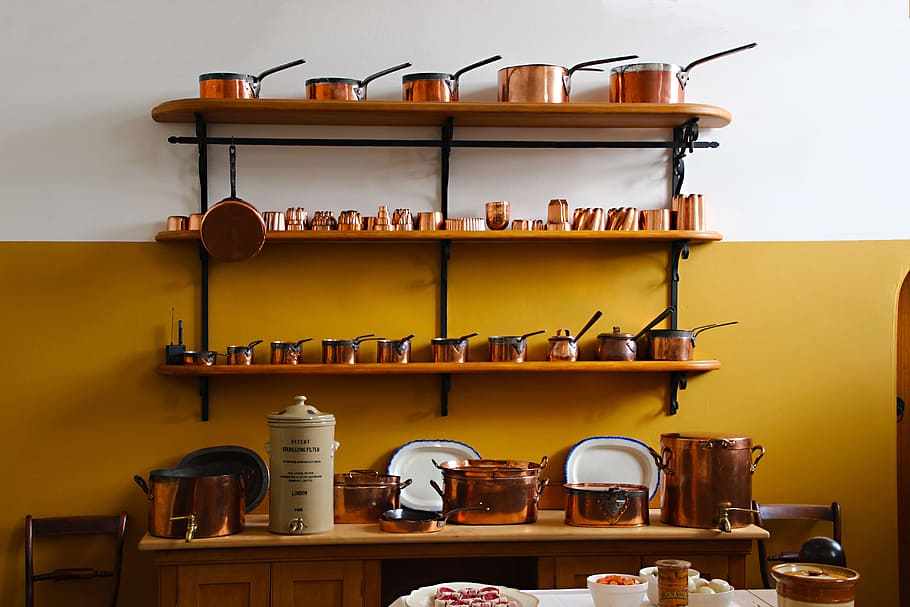 brown glass pot on shelf, saucepans, copper, kitchen, food HD wallpaper