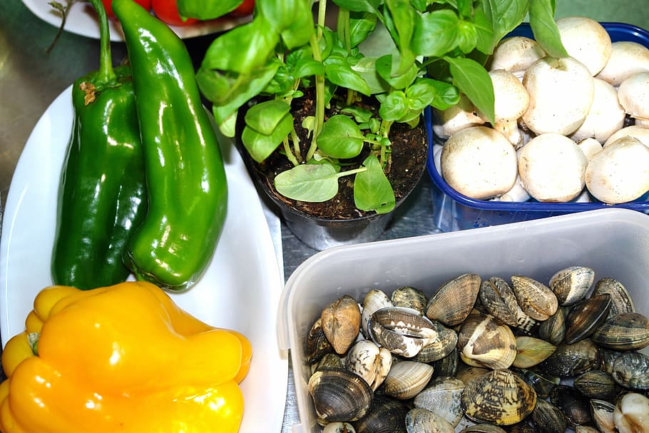 vegetables, mushrooms, vongole, cooking, fresh, healthy, food, HD wallpaper