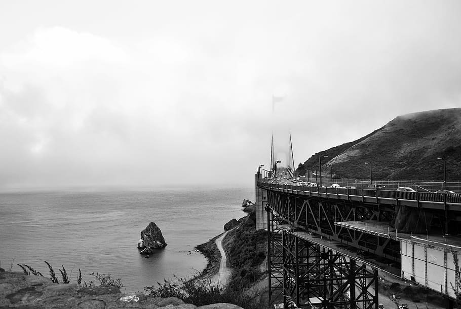 bridge, street, construction, coast, shore, sea, ocean, scenic HD wallpaper