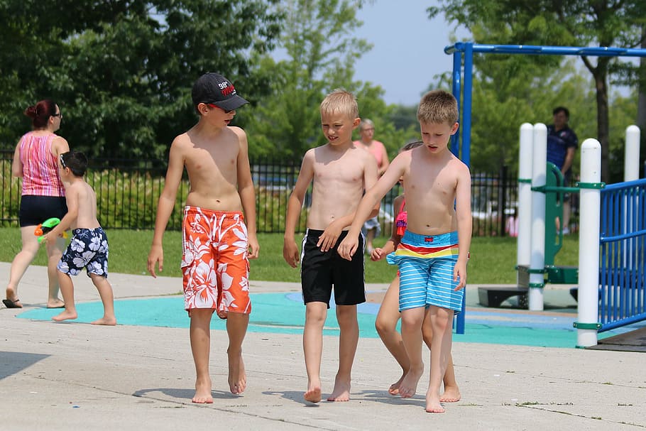 kids playing, water park, boys, males, childhood, swimwear