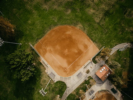 aerial photography of brown baseball field surrounded green field, top view of baseball field HD wallpaper