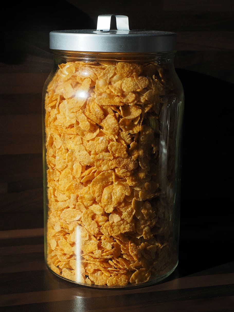 cornflakes, eat, breakfast, glass, storage, food, jar, food and drink HD wallpaper