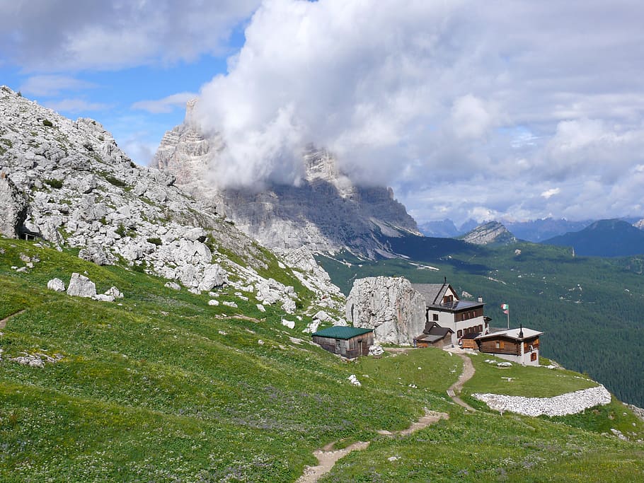 mountains, mountain hut, dolomites, scenics - nature, cloud - sky HD wallpaper