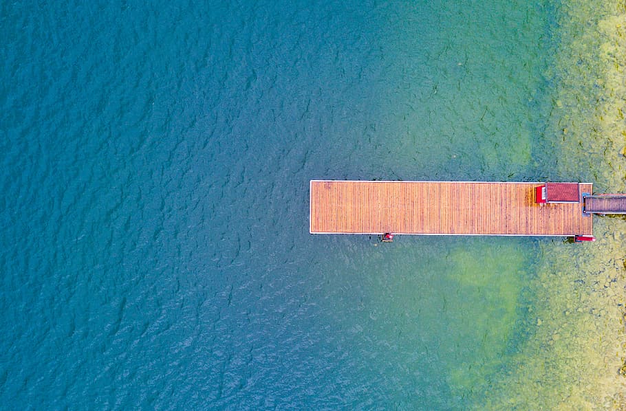 aerial photography of wooden dock, brown dock and calm body of water, HD wallpaper