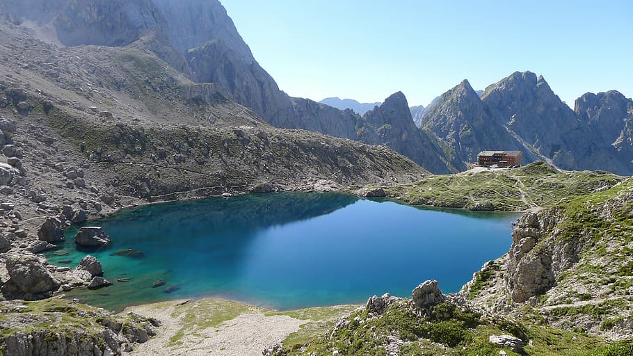 mountains, bergsee, landscape, nature, mountain hut, east tyrol HD wallpaper