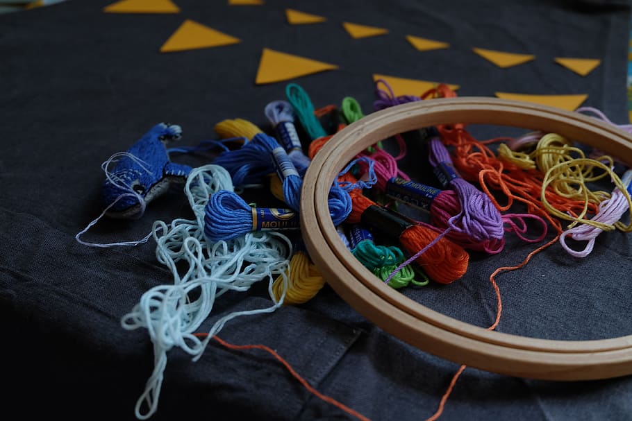 embroidery, colors, creative, thread, tambour, handmade, hobby HD wallpaper