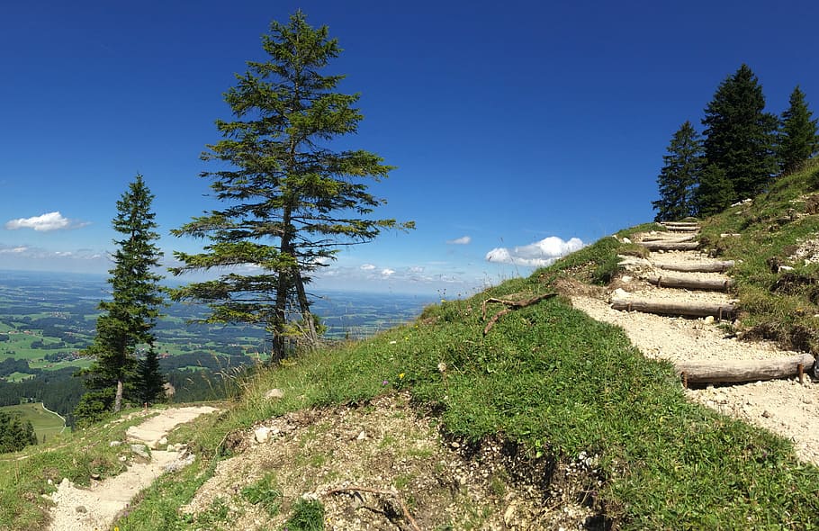 trail, view, landscape, nature, mountains, alpine, clouds, hiking HD wallpaper