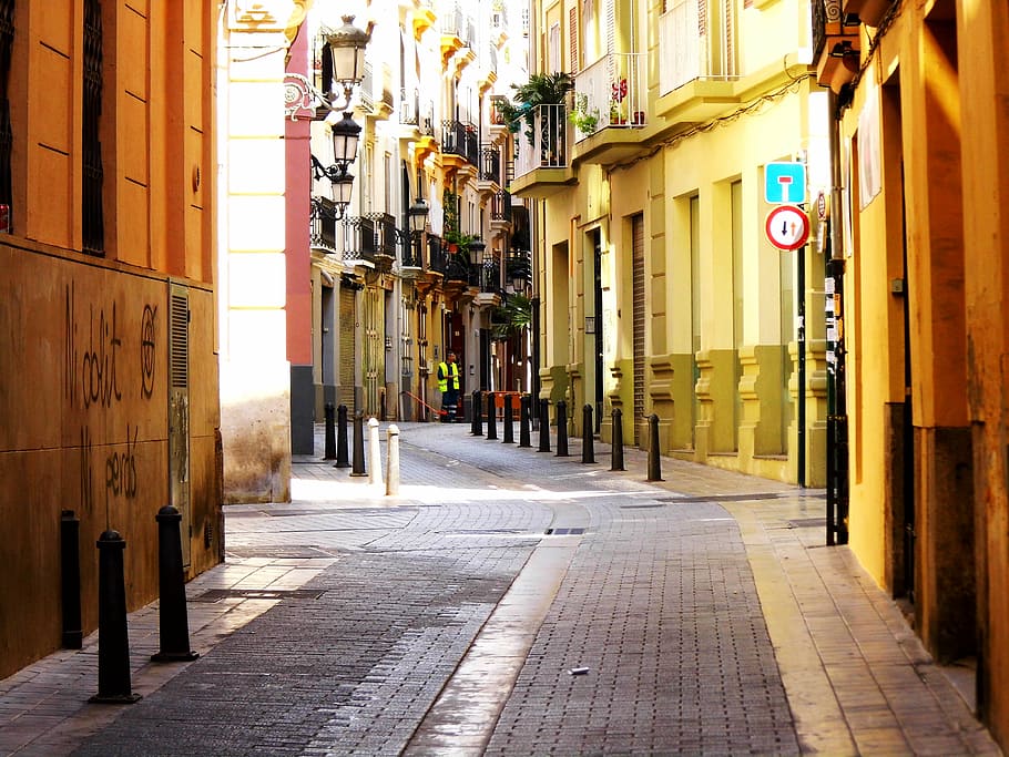 valencia, españa, el centro town, streat, view, narrow, architecture, HD wallpaper