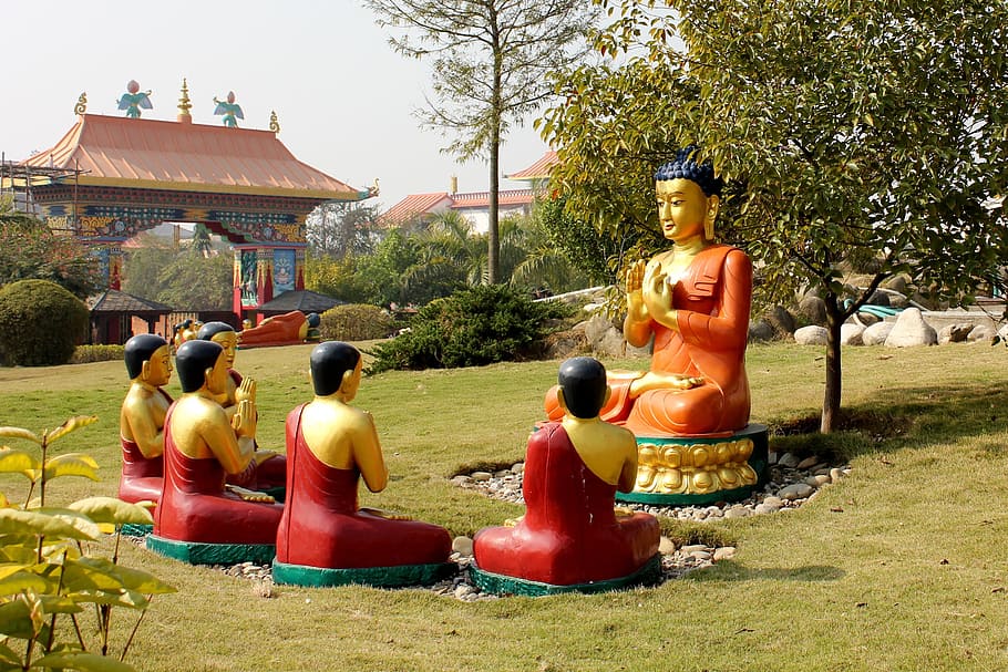 Buddha, Teaching, Disciples, Buddhism, statue, nepal, tree, HD wallpaper