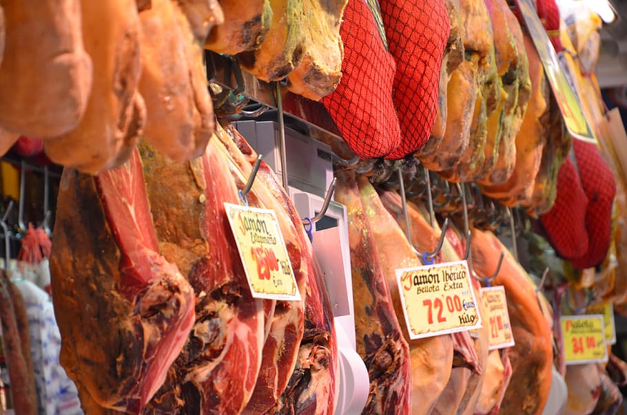 photo of raw meat, madrid, spain, museo del jamon, serrano, pork
