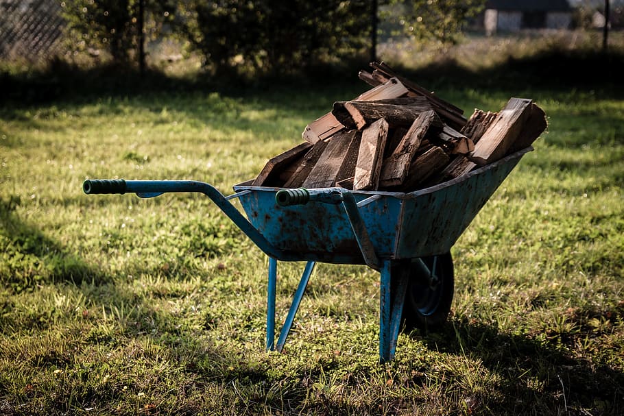 blue wheelbarrow with firewoods on green lawn, fireplace, grass HD wallpaper