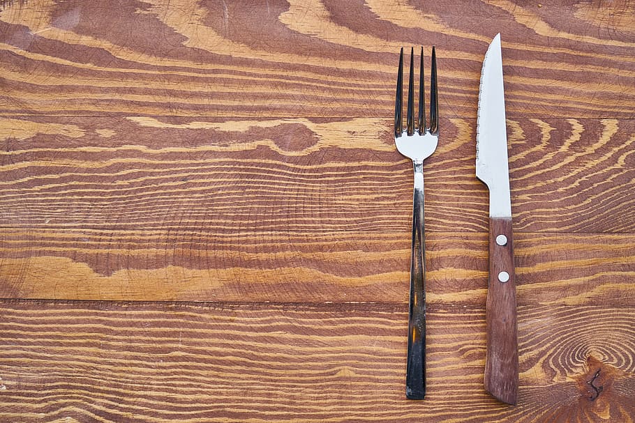 silver fork and knife on table, food, plate, hunger, hungry, tok, HD wallpaper
